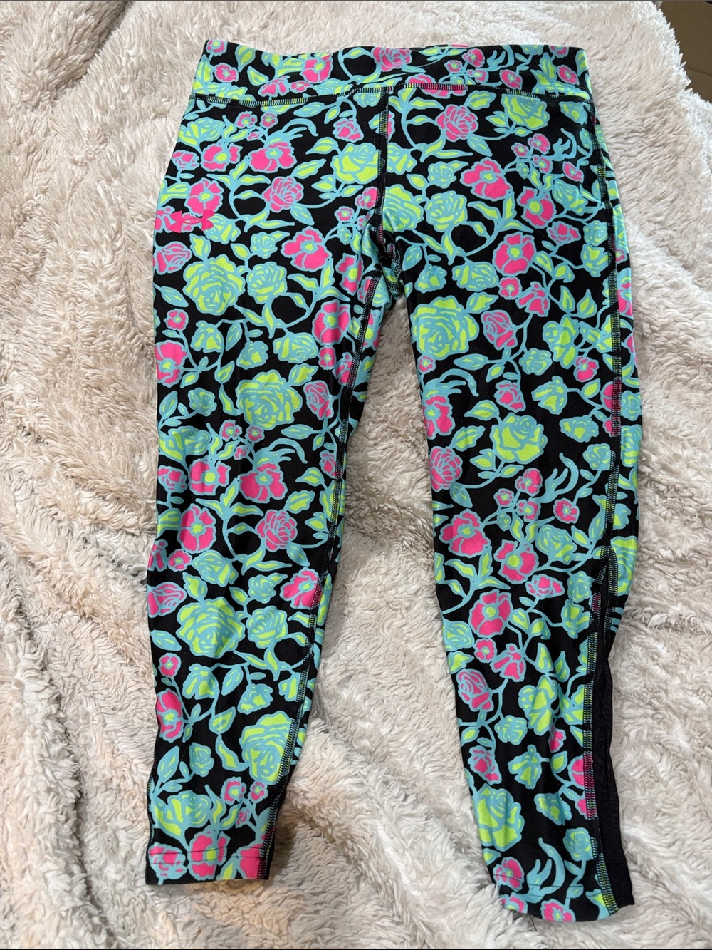 Under Armour Girls' Black Floral Leggings with Bright Pink & Lime Accents